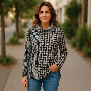 Susan Graver Size XS Brown & Black Houndstooth Cowl Funnel Neck A-Line Tunic Top